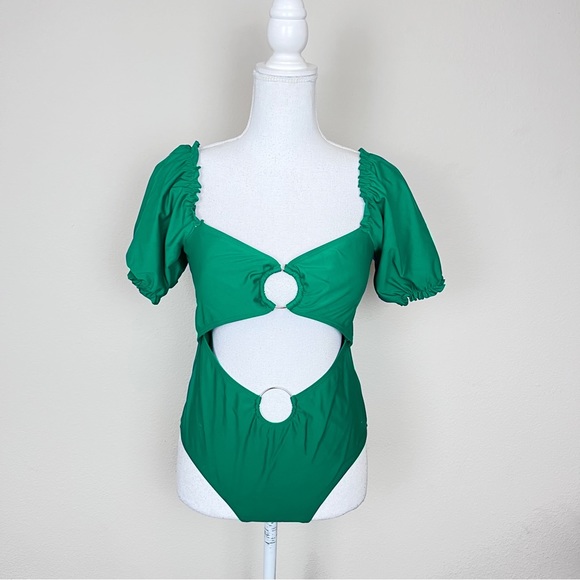 Green Cut Out Silver O-Ring Puff Sleeve Sweetheart Neck One Piece Swimsuit - Picture 2 of 10